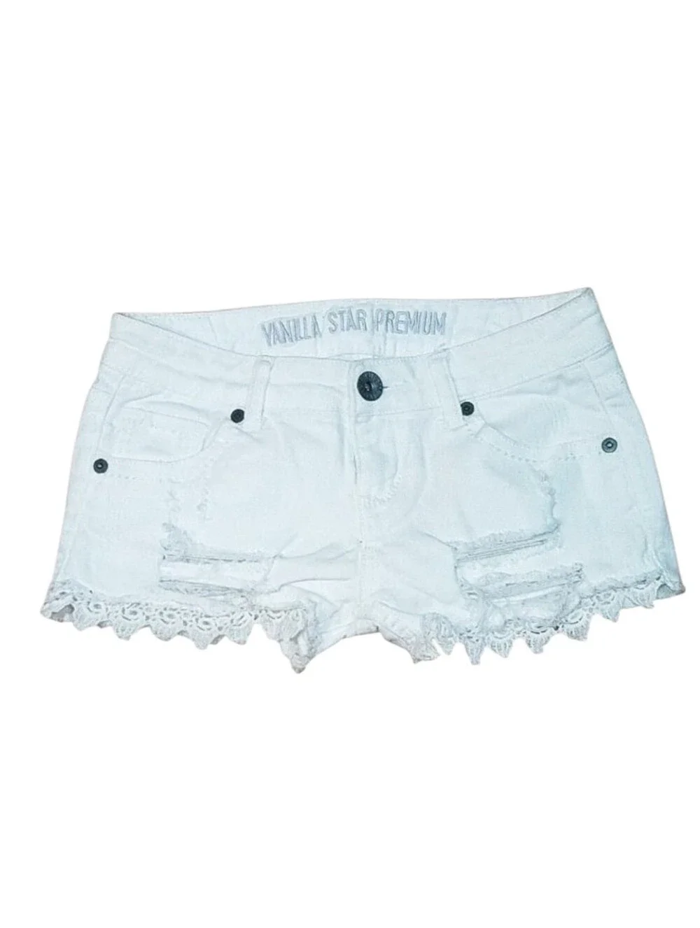 Vanilla Star White Lace Trim Distressed Denim Shorts